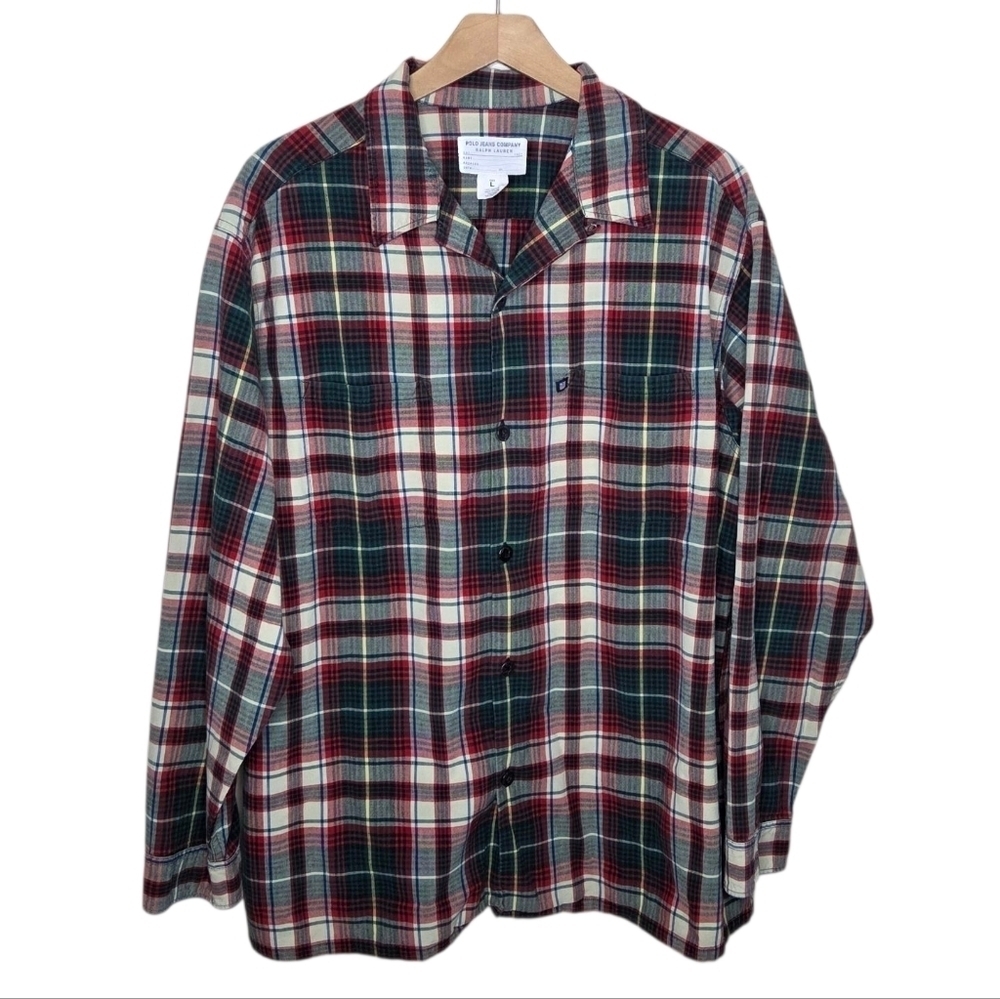 Vintage Polo Jeans Ralph Lauren Red Green Beige Plaid Button Up Shirt Size Large
